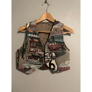 VTG Route 66 Vest Youth Medium Multicolor Tapestry Car Motel Retro USA Road Trip